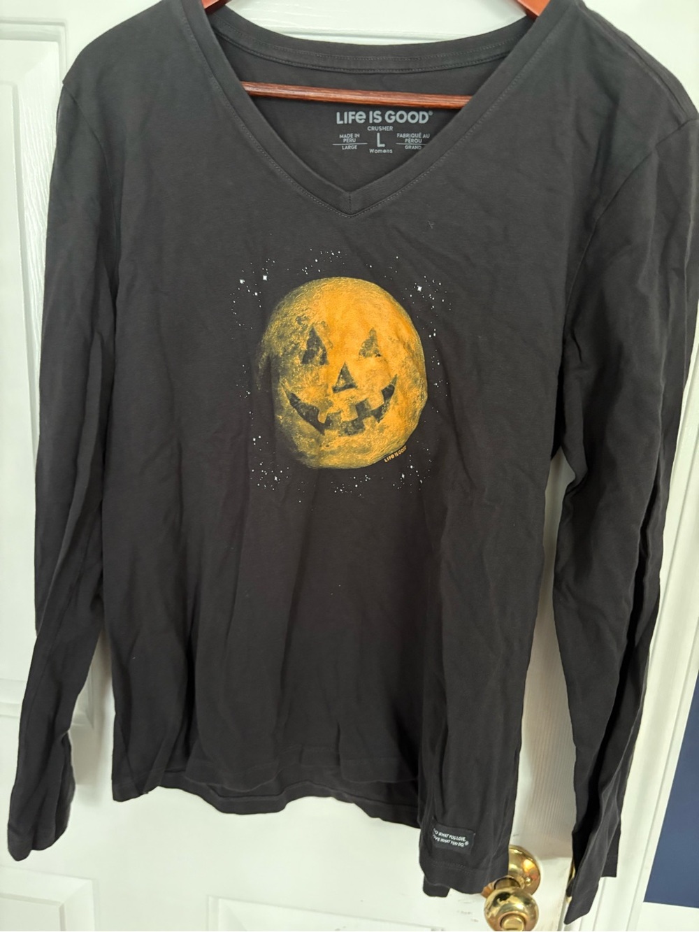 Life is Good Womens Black Long-Sleeve V-Neck Shirt with Orange Jack-O'-Lantern